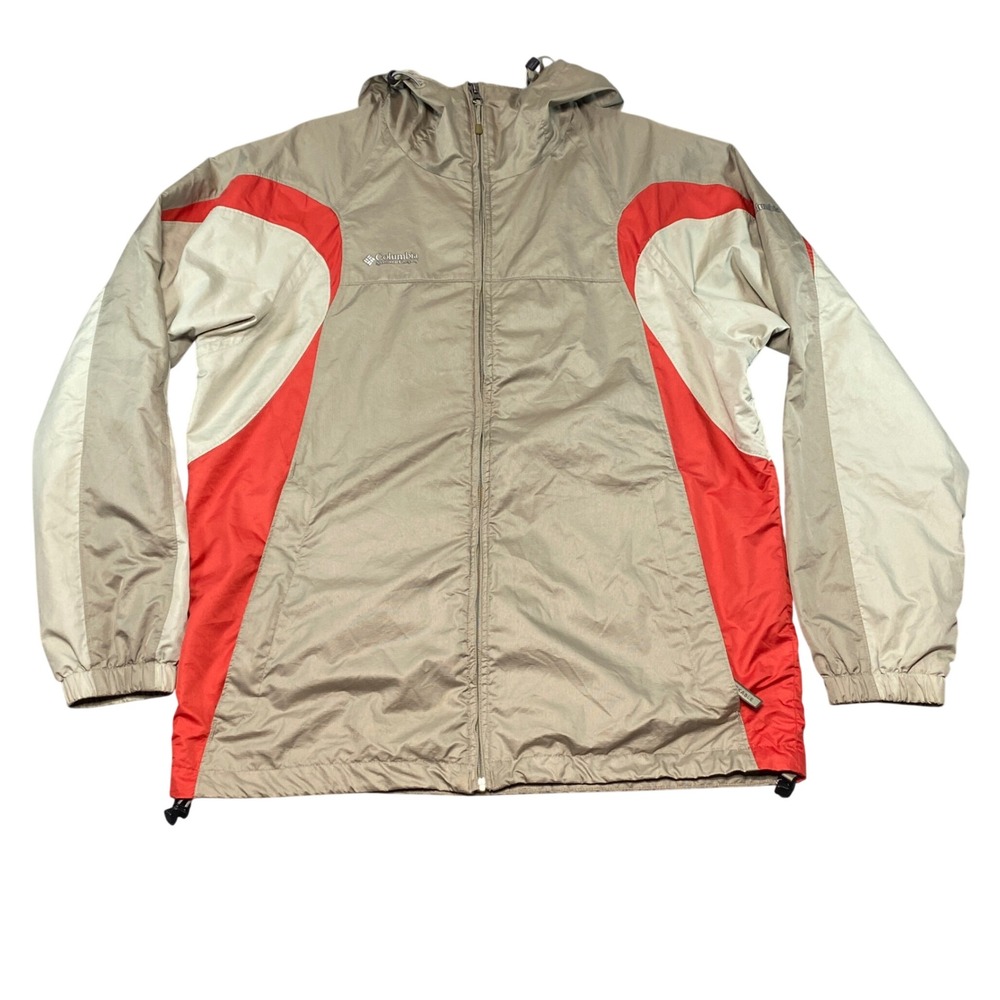 Columbia Mens Packable Windbreaker Jacket Beige Red Colorblock Hooded KM3120 M